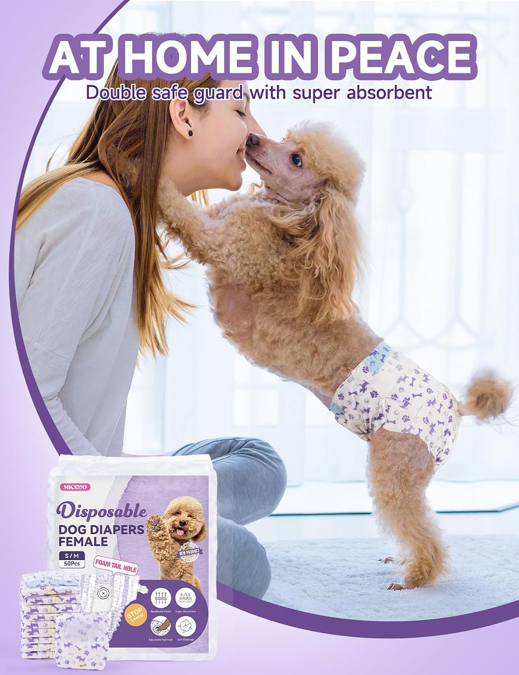 Disposable female dog diaper with absorbent padding and tail opening.