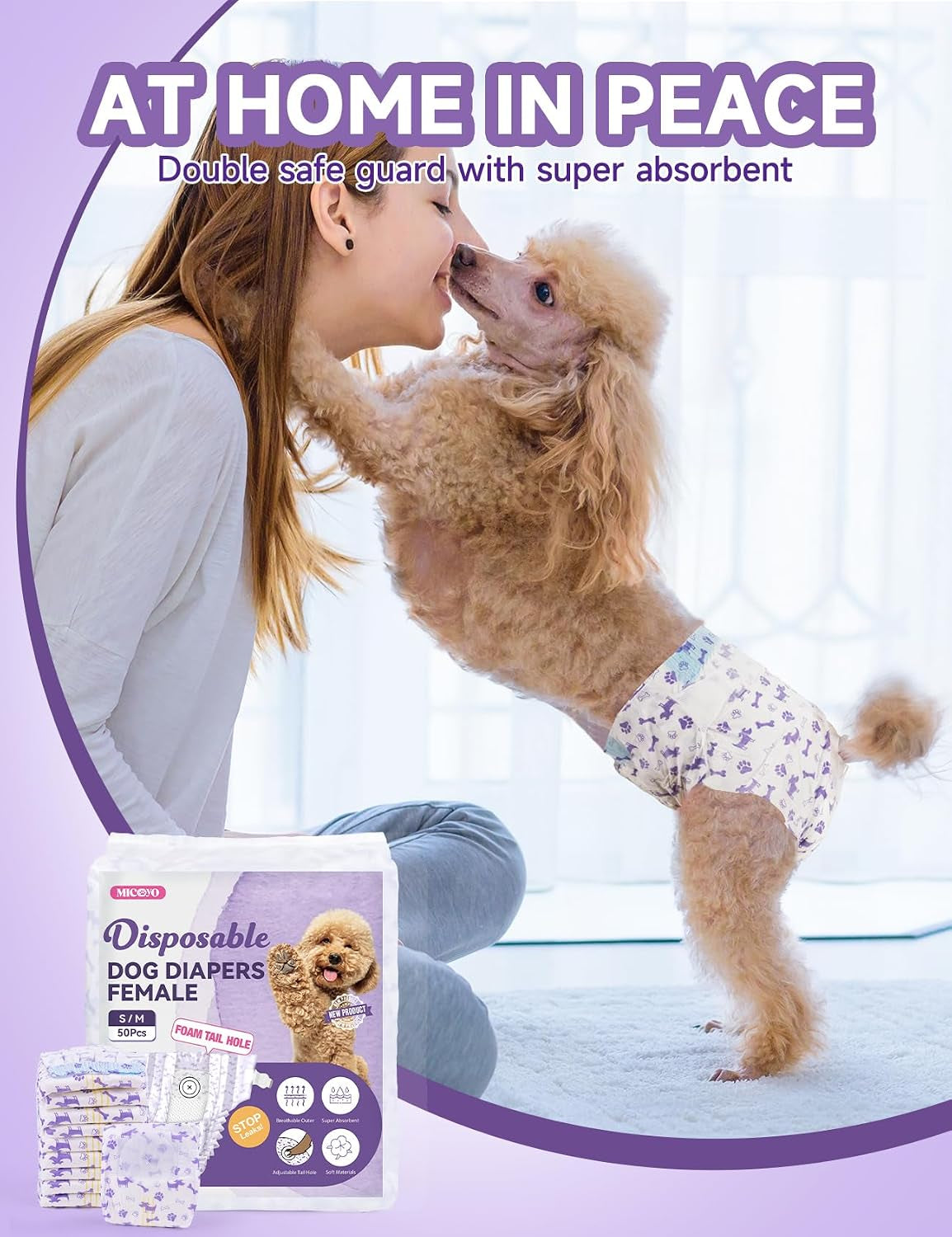 Disposable female dog diaper with absorbent padding and tail opening.