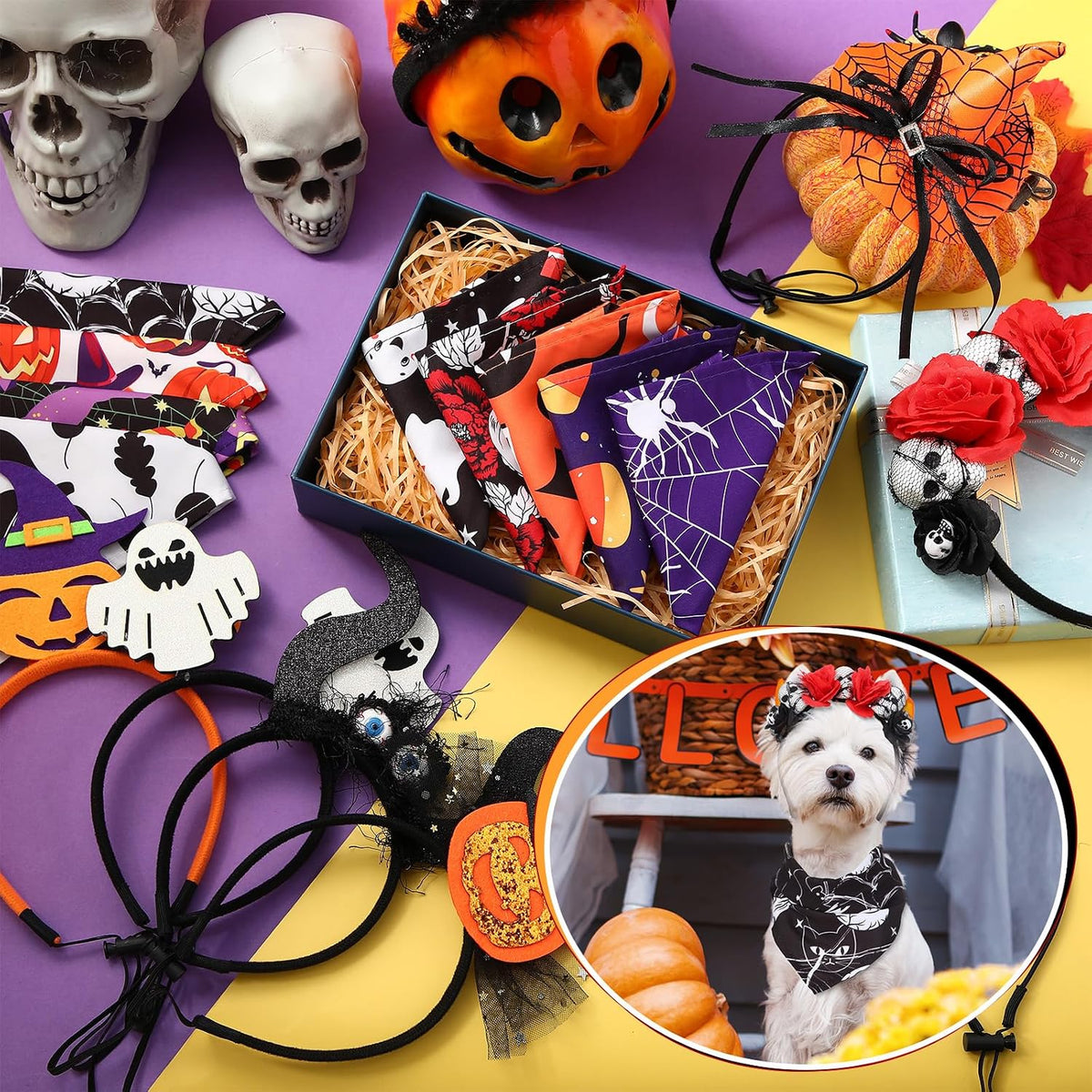 18-piece Halloween dog headbands and bandanas.
