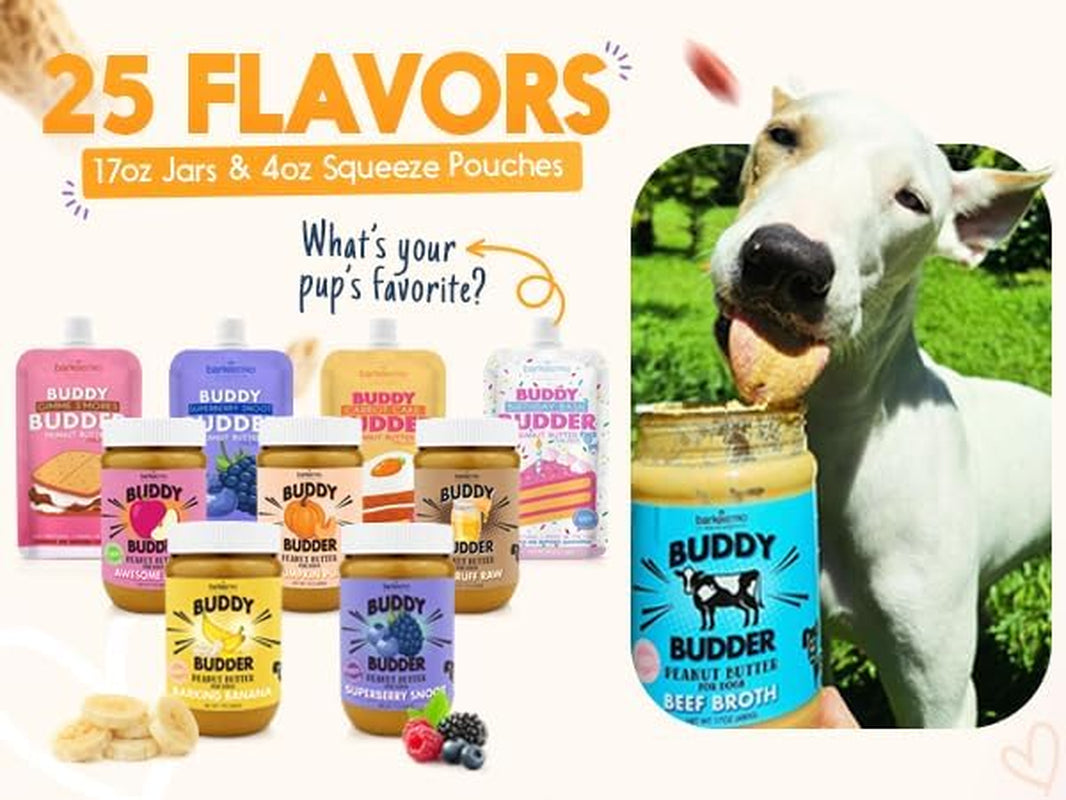 Buddy Budder dog peanut butter treats available in assorted flavors