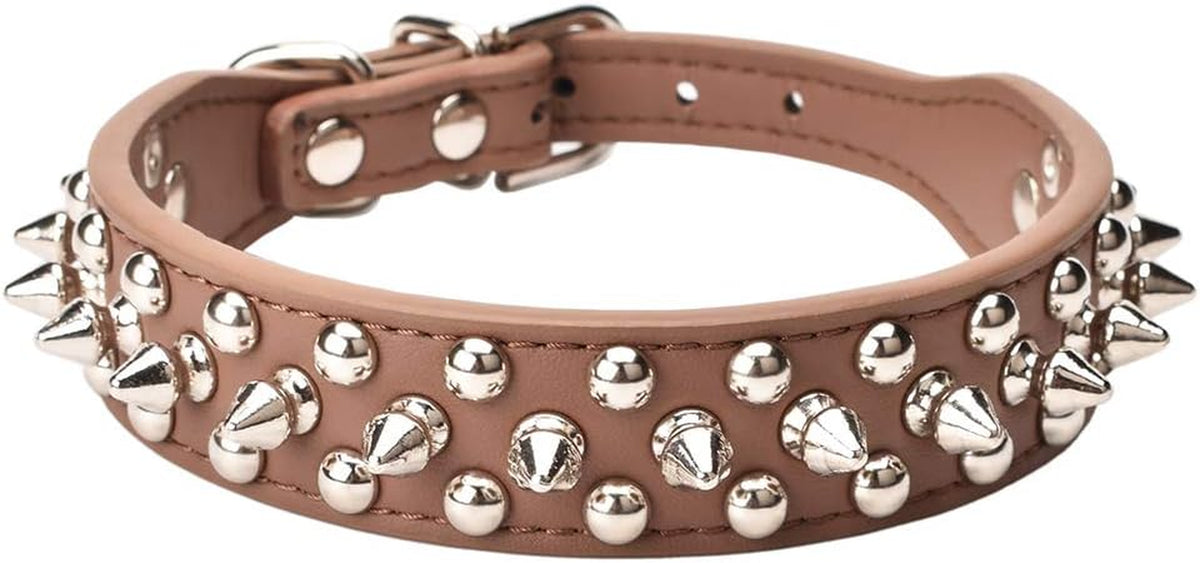 Brown spiked rivet dog collar with silver hardware