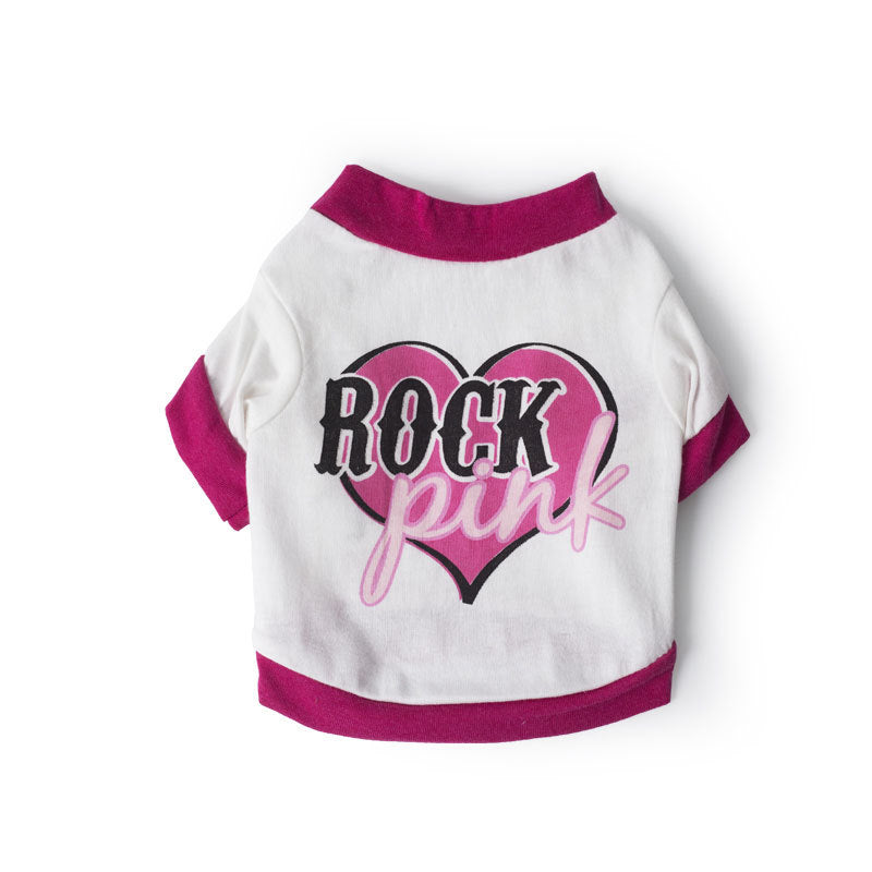 Rock Pink heart print pet T-shirt in white with pink trim