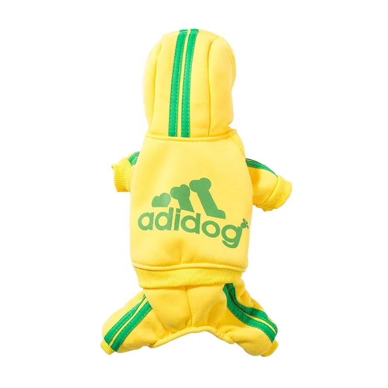 Yellow Adidog dog jumpsuit with green stripes
