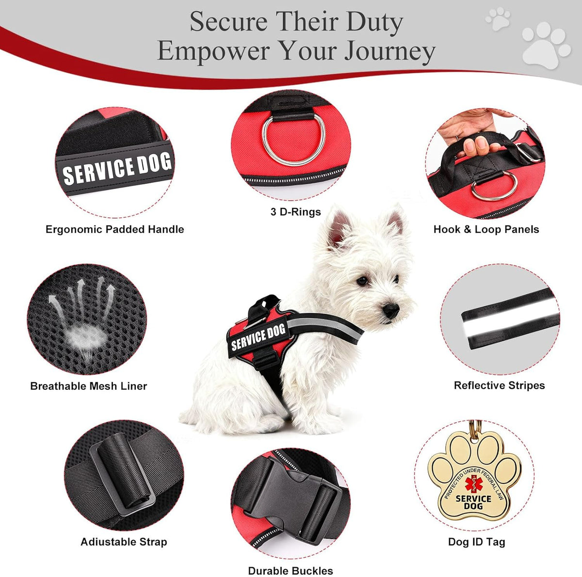 Red service dog vest kit with two patches, a metal ID tag, and 50 information cards