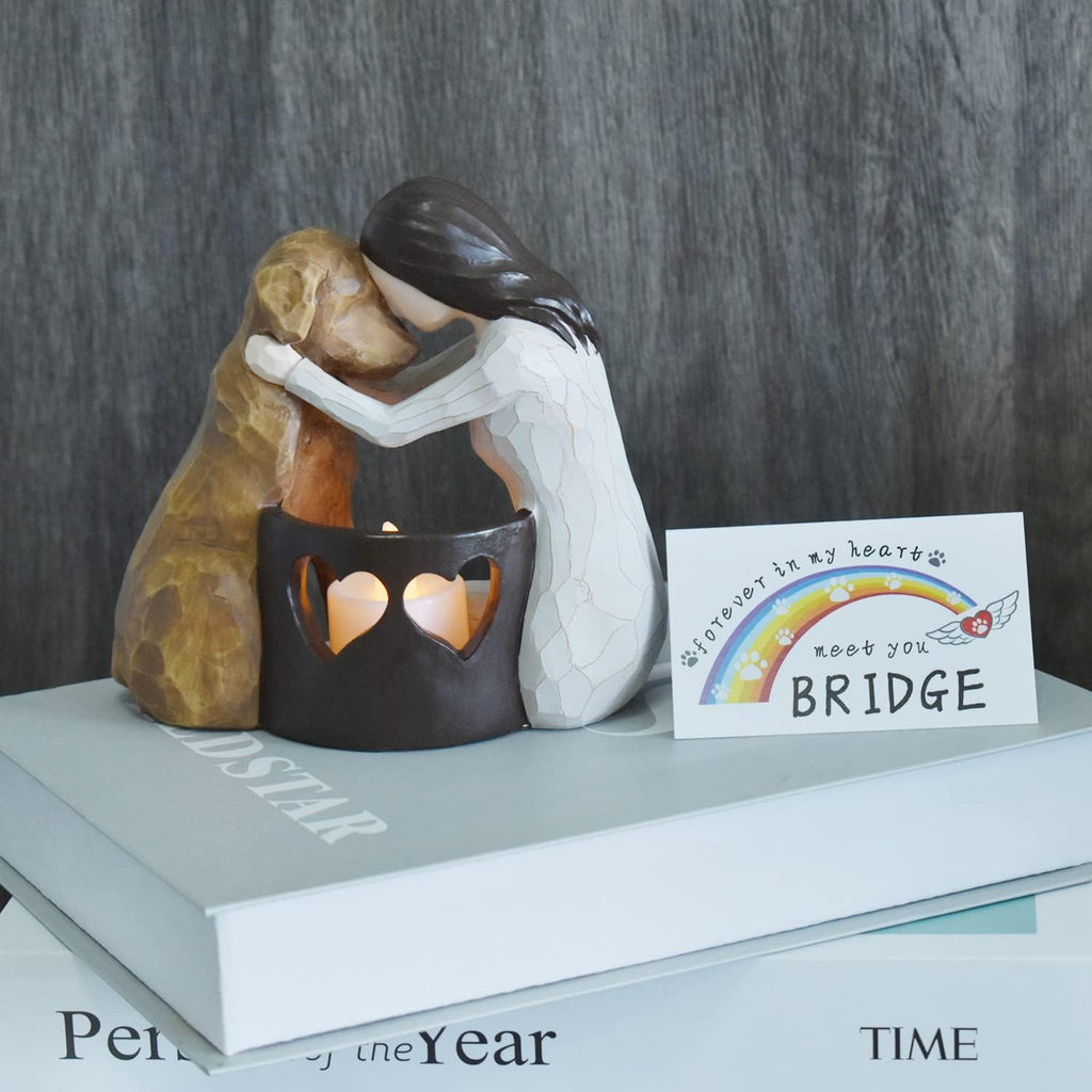 Dog memorial candle holder statue with LED candle.