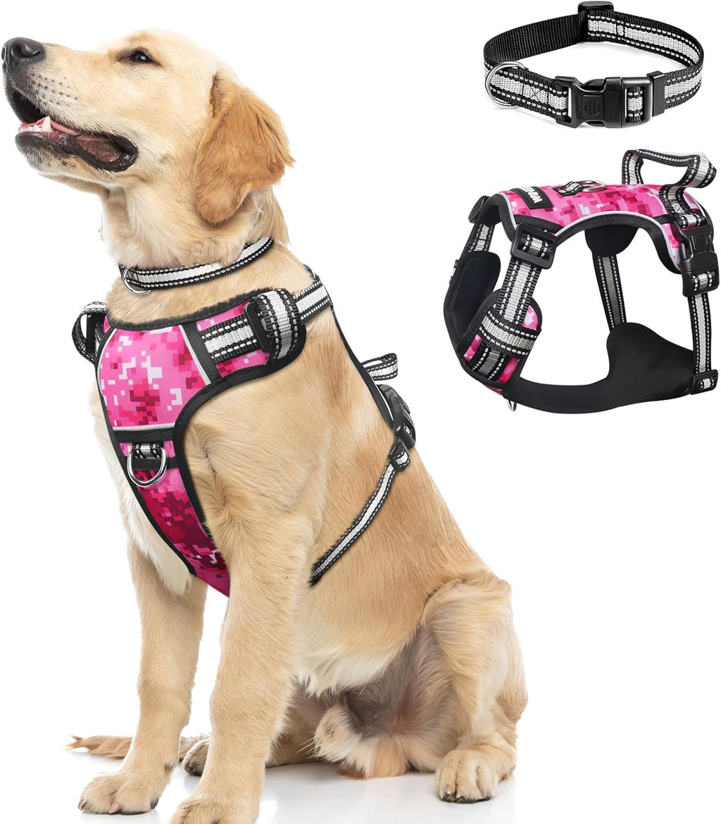 Reflective no-pull dog harness with adjustable straps and front and back leash clips.