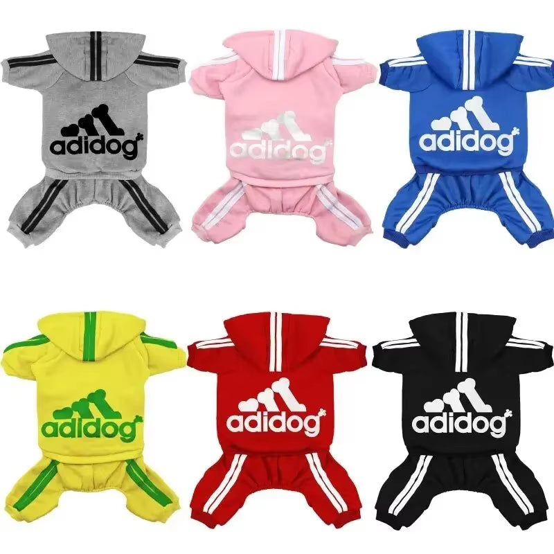 Adidog dog jumpsuits in six colors: gray, pink, blue, yellow, red, and black