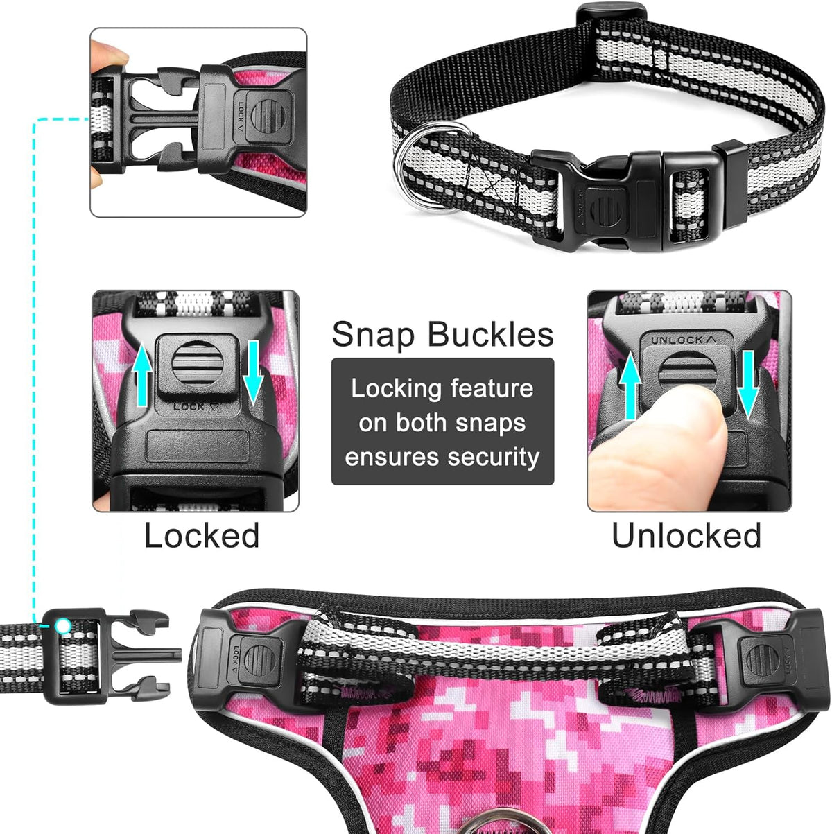 Reflective no-pull dog harness with adjustable straps and front and back leash clips.
