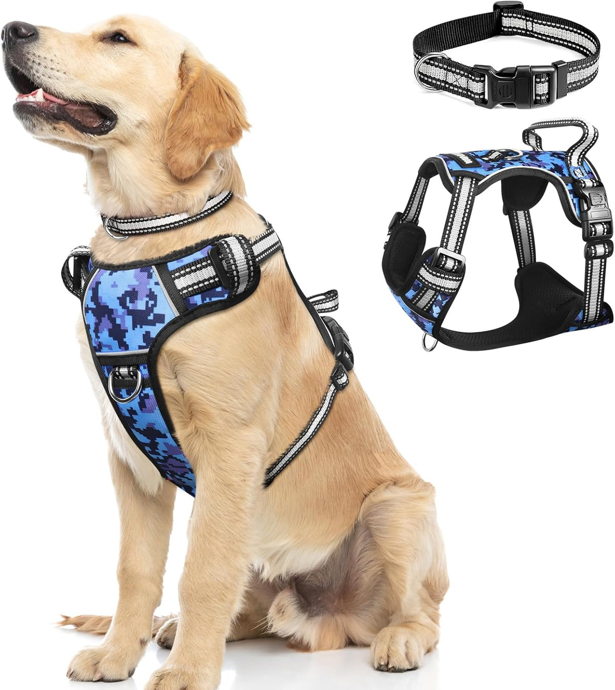 Reflective no-pull dog harness with adjustable straps and front and back leash clips.