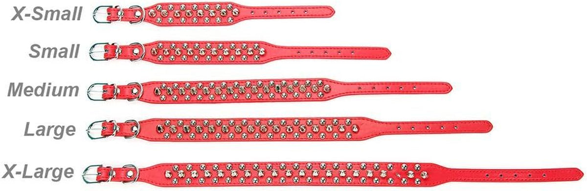 Size chart showing X-Small to X-Large spiked dog collar lengths
