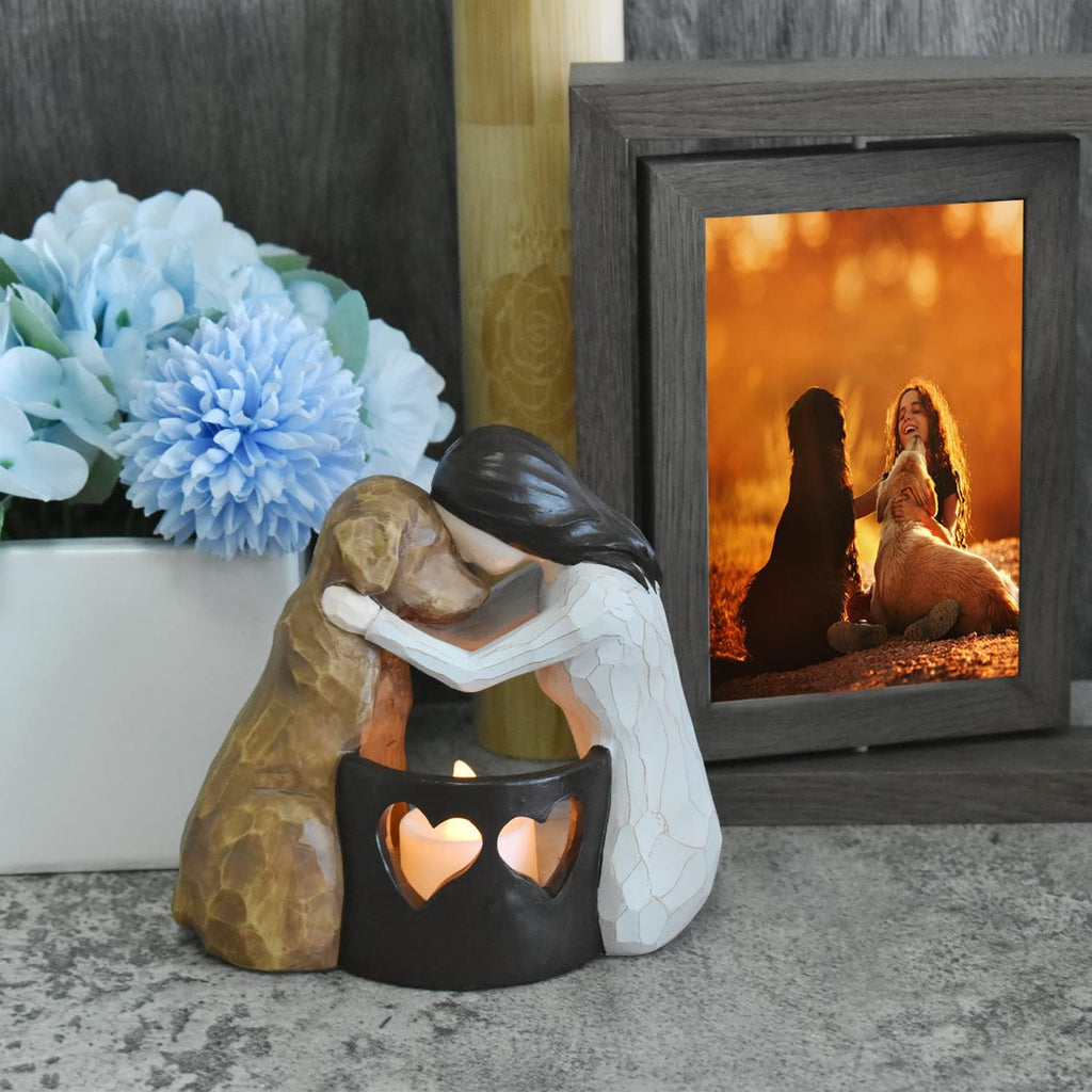 Dog memorial candle holder statue with LED candle.