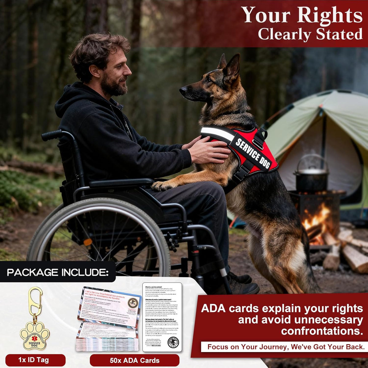 Red service dog vest kit with two patches, a metal ID tag, and 50 information cards