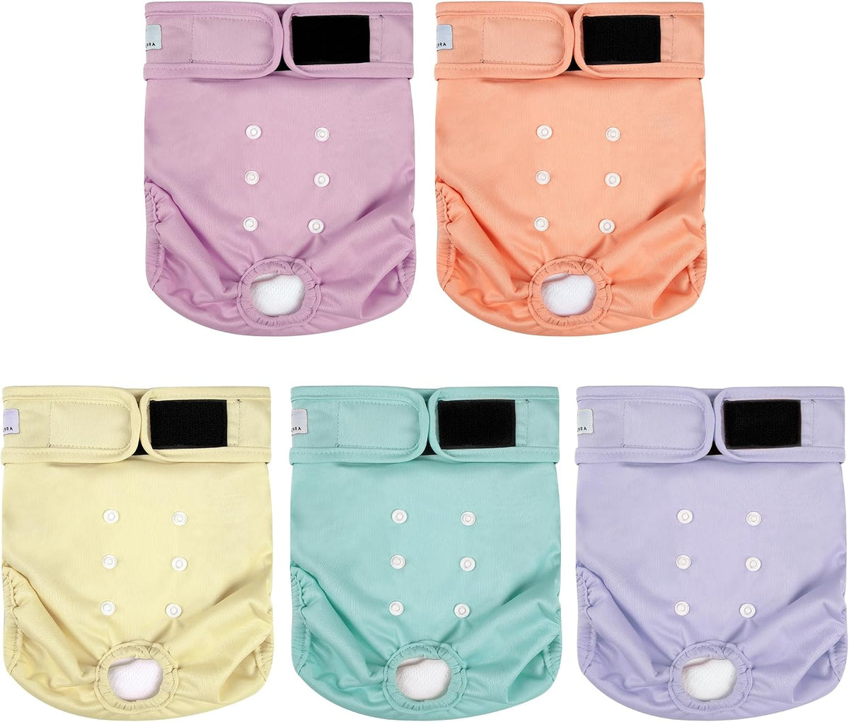 Washable female dog diaper with adjustable fit.