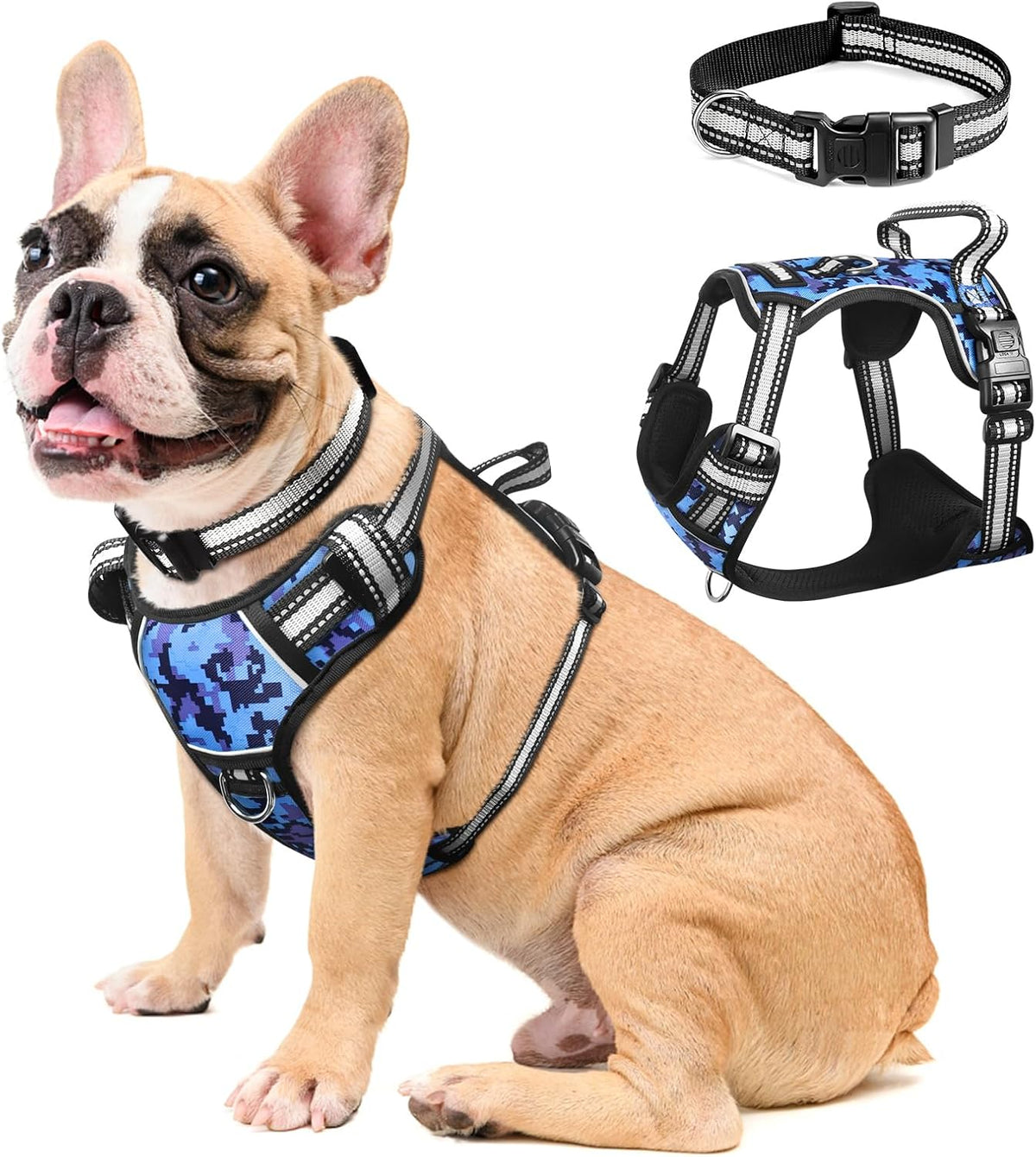 Reflective no-pull dog harness with adjustable straps and front and back leash clips.