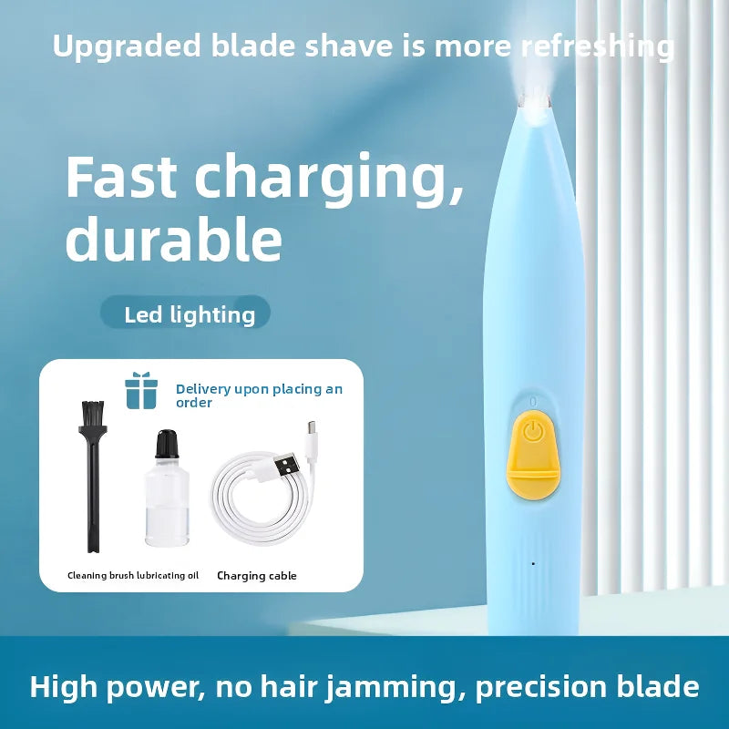 USB-rechargeable pet hair trimmer for grooming paws and small areas.