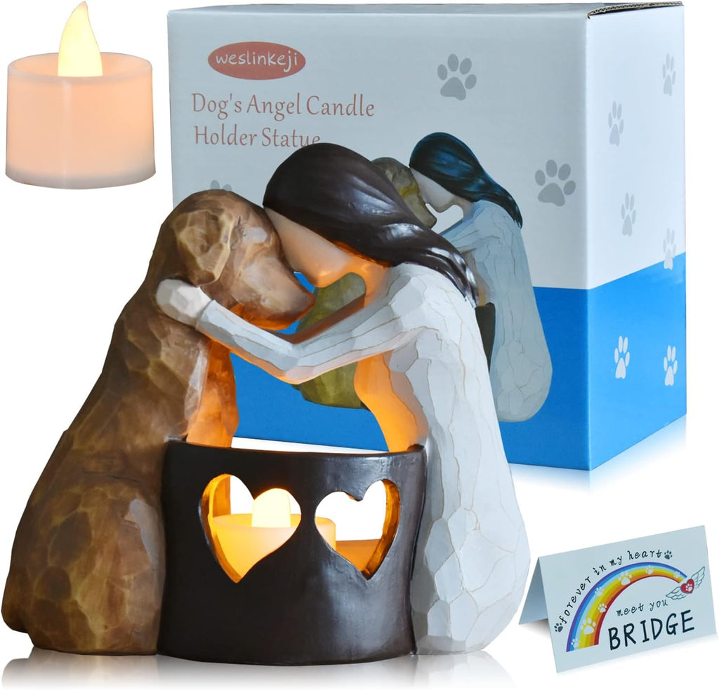 Dog memorial candle holder statue with LED candle.