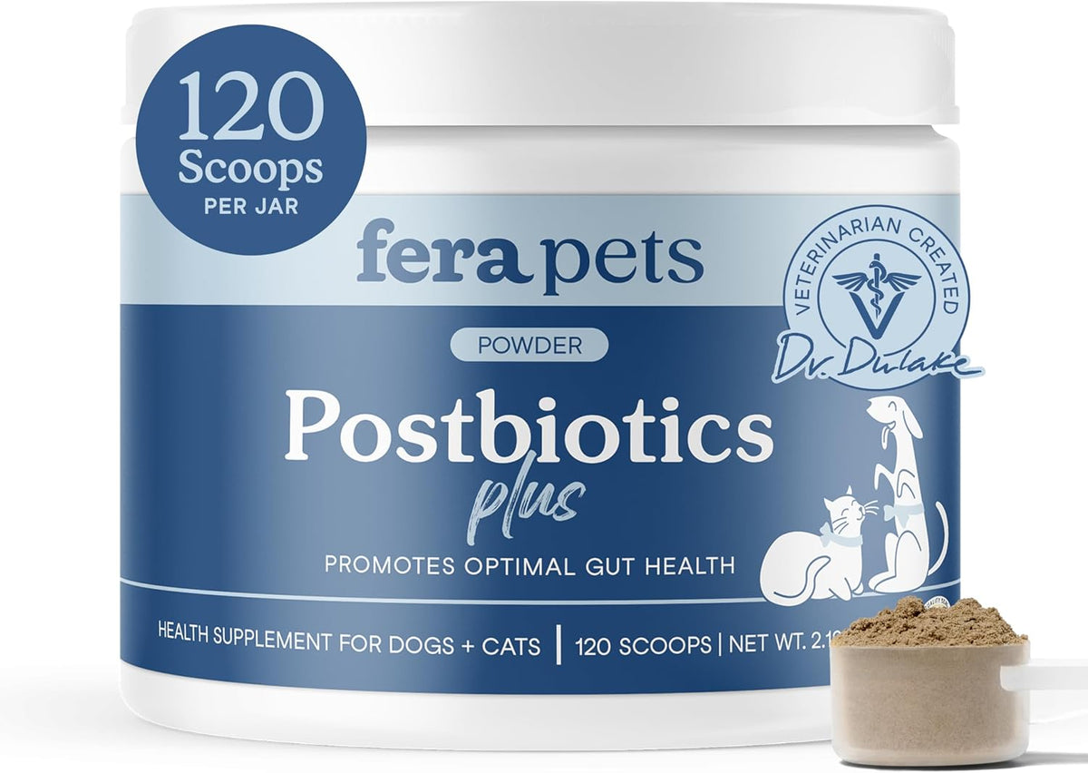 Fera Pets Organic Probiotics powder jar and scoop for dogs and cats.