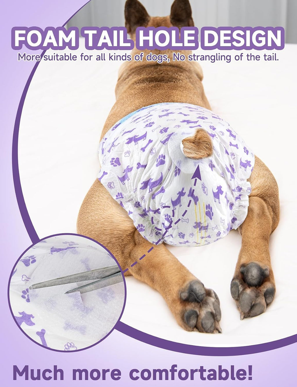 Disposable female dog diaper with absorbent padding and tail opening.