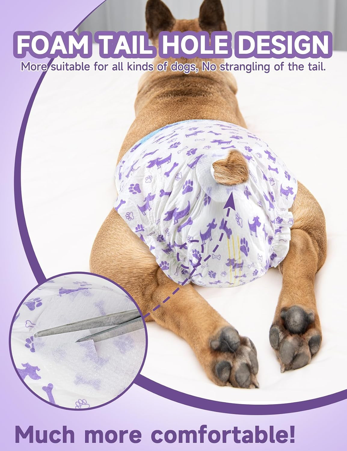 Disposable female dog diaper with absorbent padding and tail opening.