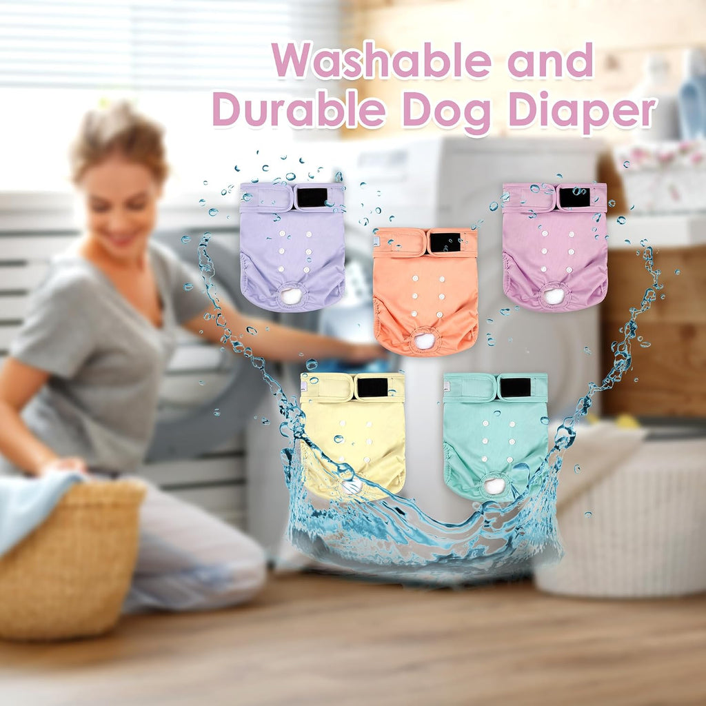 Washable female dog diaper with adjustable fit.