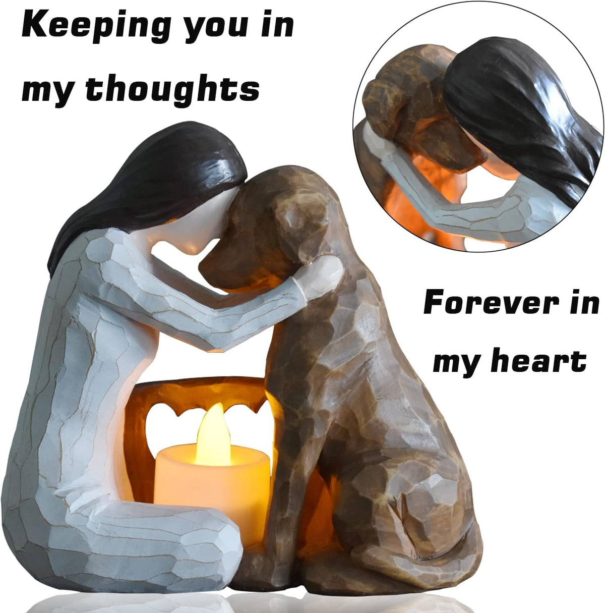 Dog memorial candle holder statue with LED candle.
