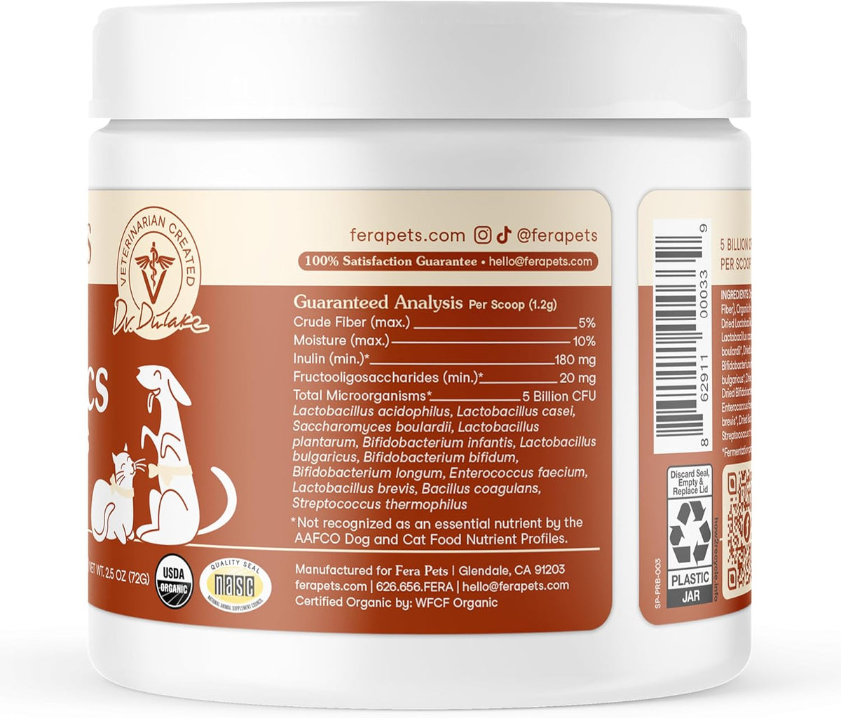 Fera Pets Organic Probiotics powder jar and scoop for dogs and cats.