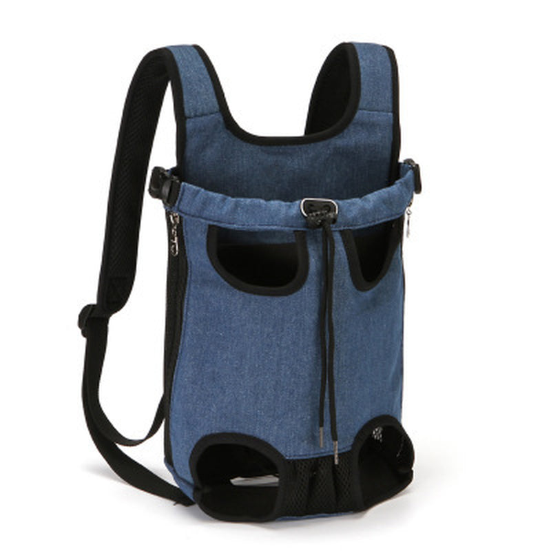 Pet chest carrier bag with adjustable straps and breathable mesh panels for small dogs and cats.