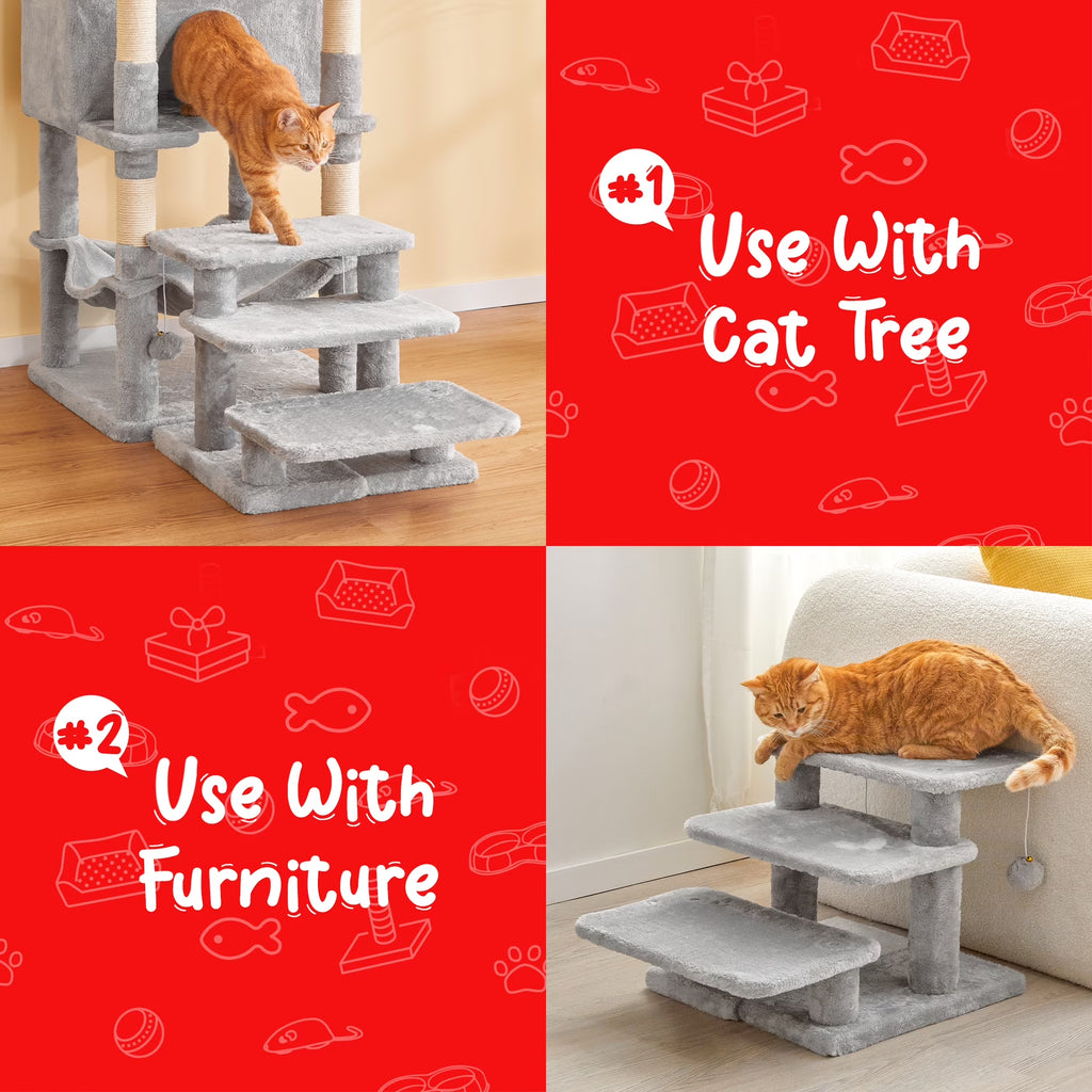 3-step pet stairs for beds and sofas with two toy balls.