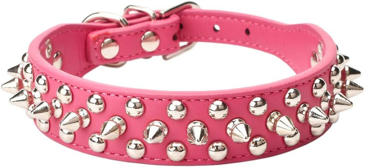 Hot pink spiked rivet dog collar with silver hardware