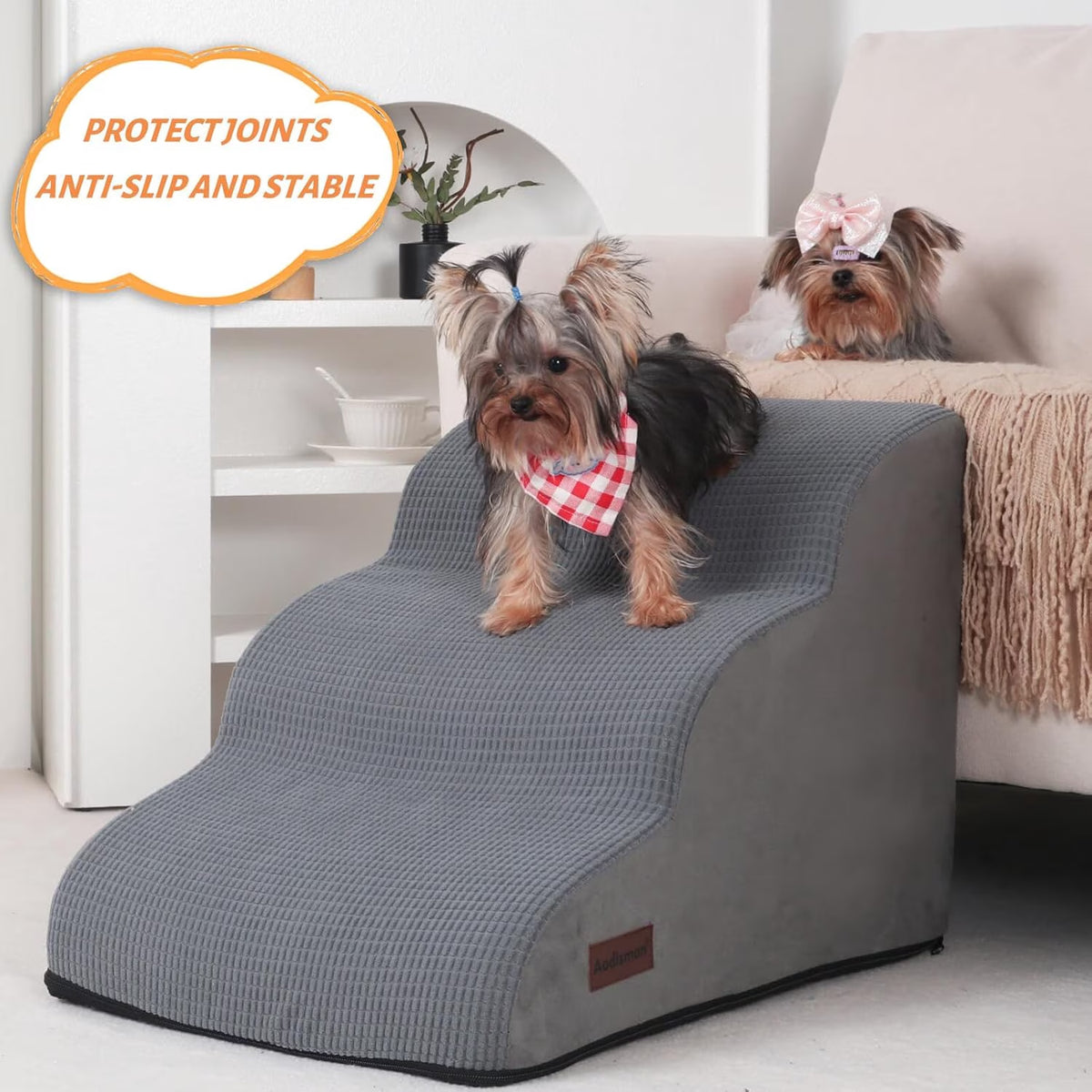 3-tier non-slip dog ramp and stairs for beds and couches.