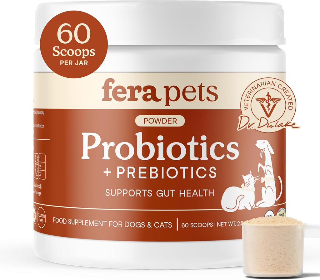 Fera Pets Organic Probiotics powder jar and scoop for dogs and cats.