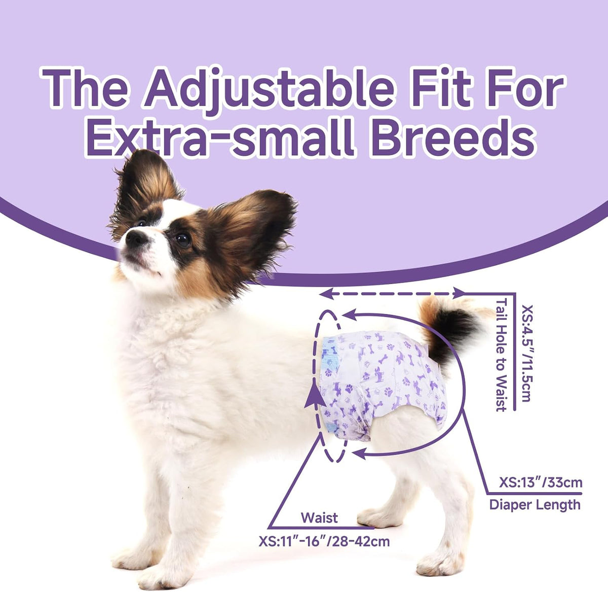 Disposable female dog diaper with absorbent padding and tail opening.