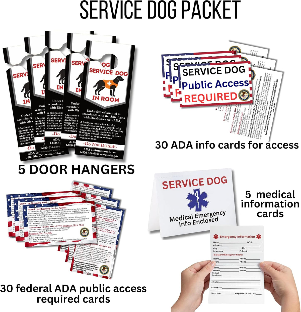 Service dog information packet with service-animal information cards, fill-in emergency medical cards, and door hangers.