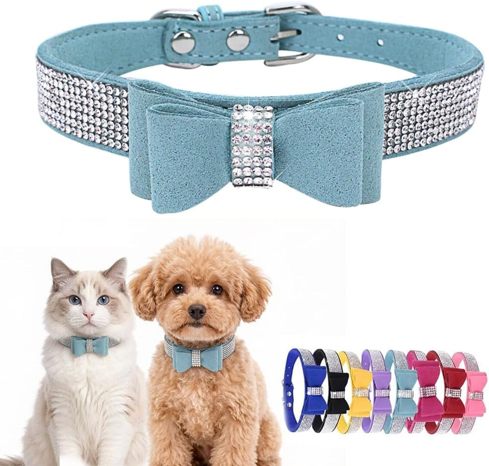 Sky blue rhinestone bow collar 