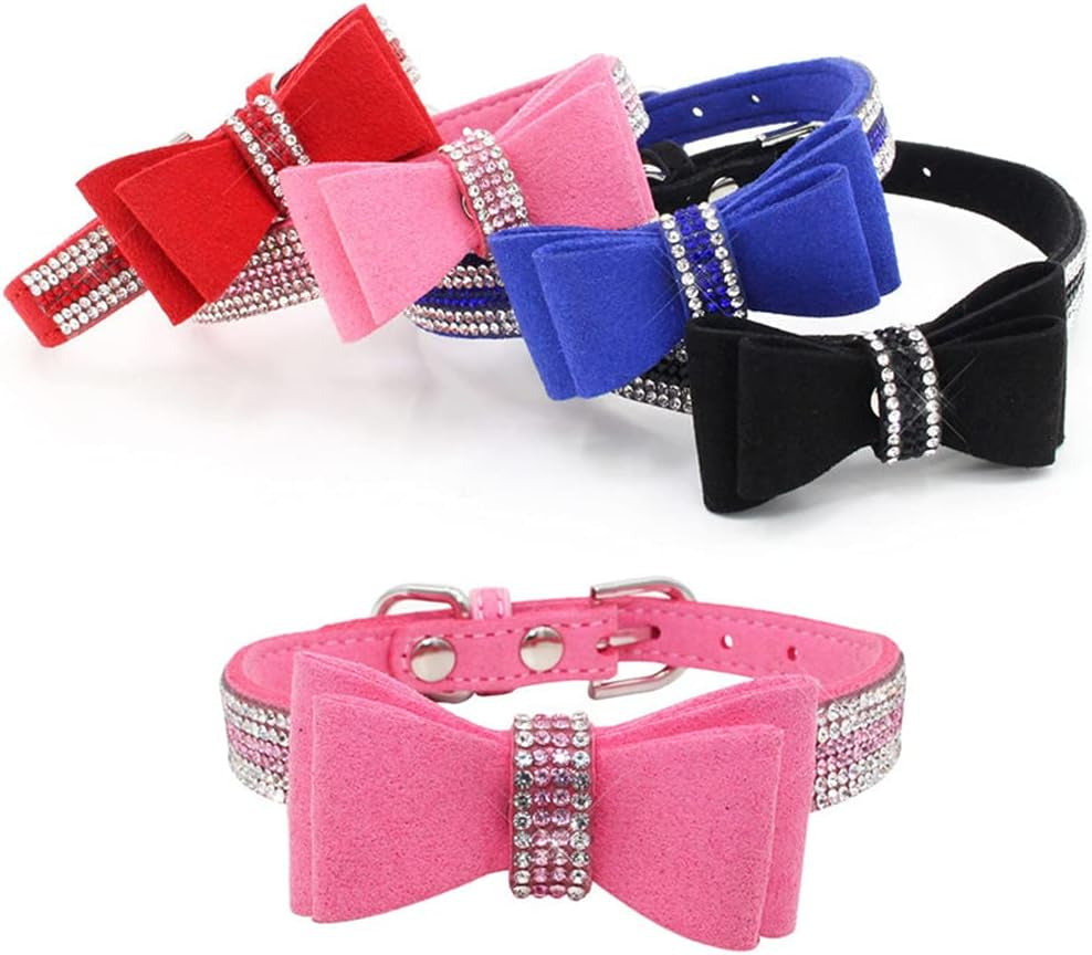Rhinestone bow collars in red, pink, blue, and black 