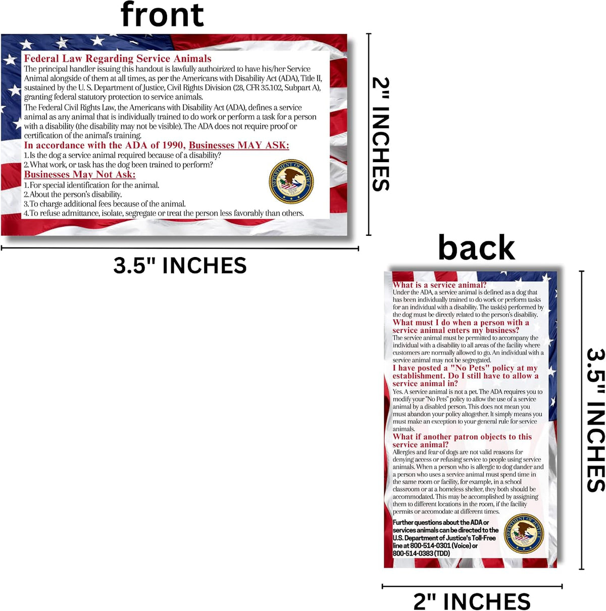 Service dog information packet with service-animal information cards, fill-in emergency medical cards, and door hangers.