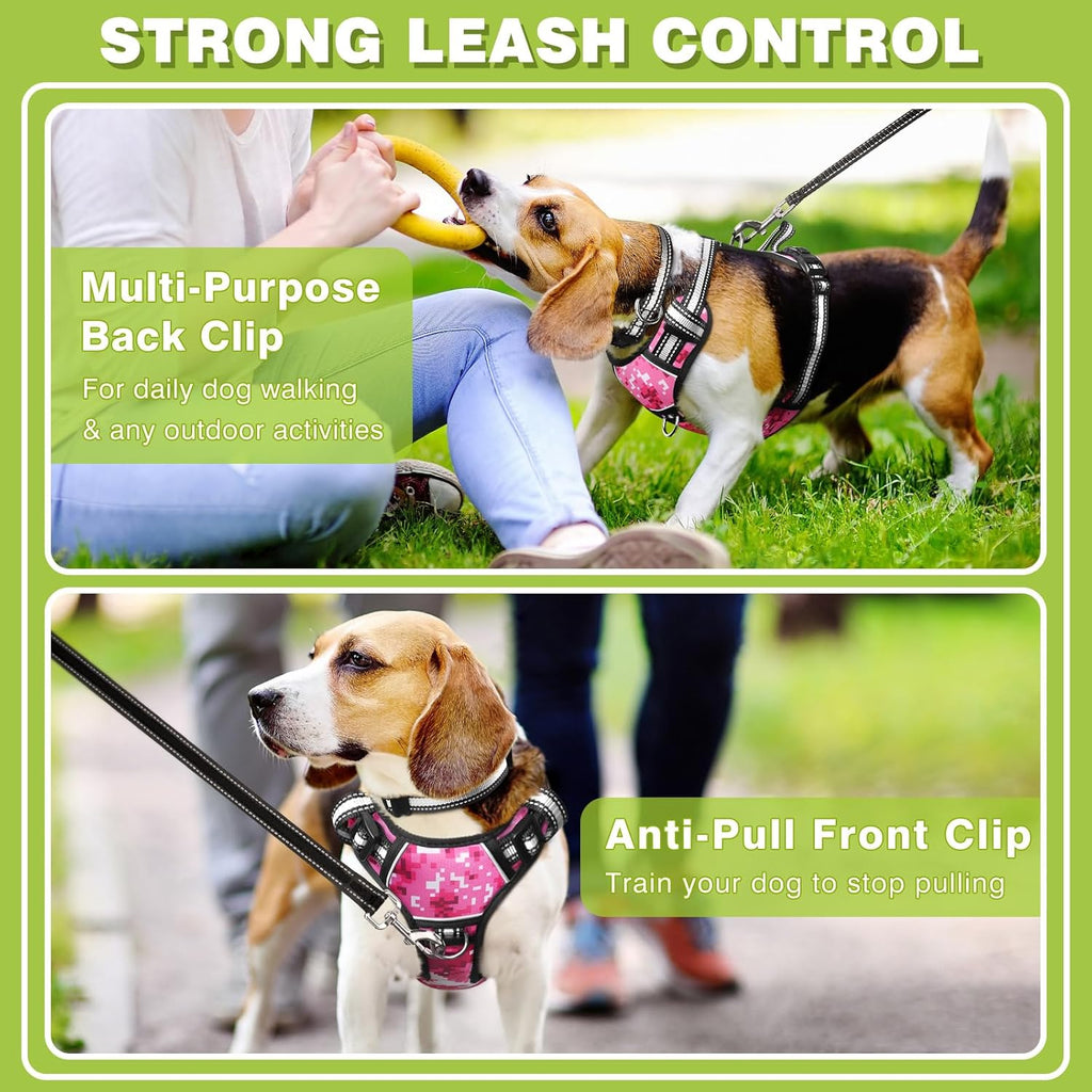 Reflective no-pull dog harness with adjustable straps and front and back leash clips.