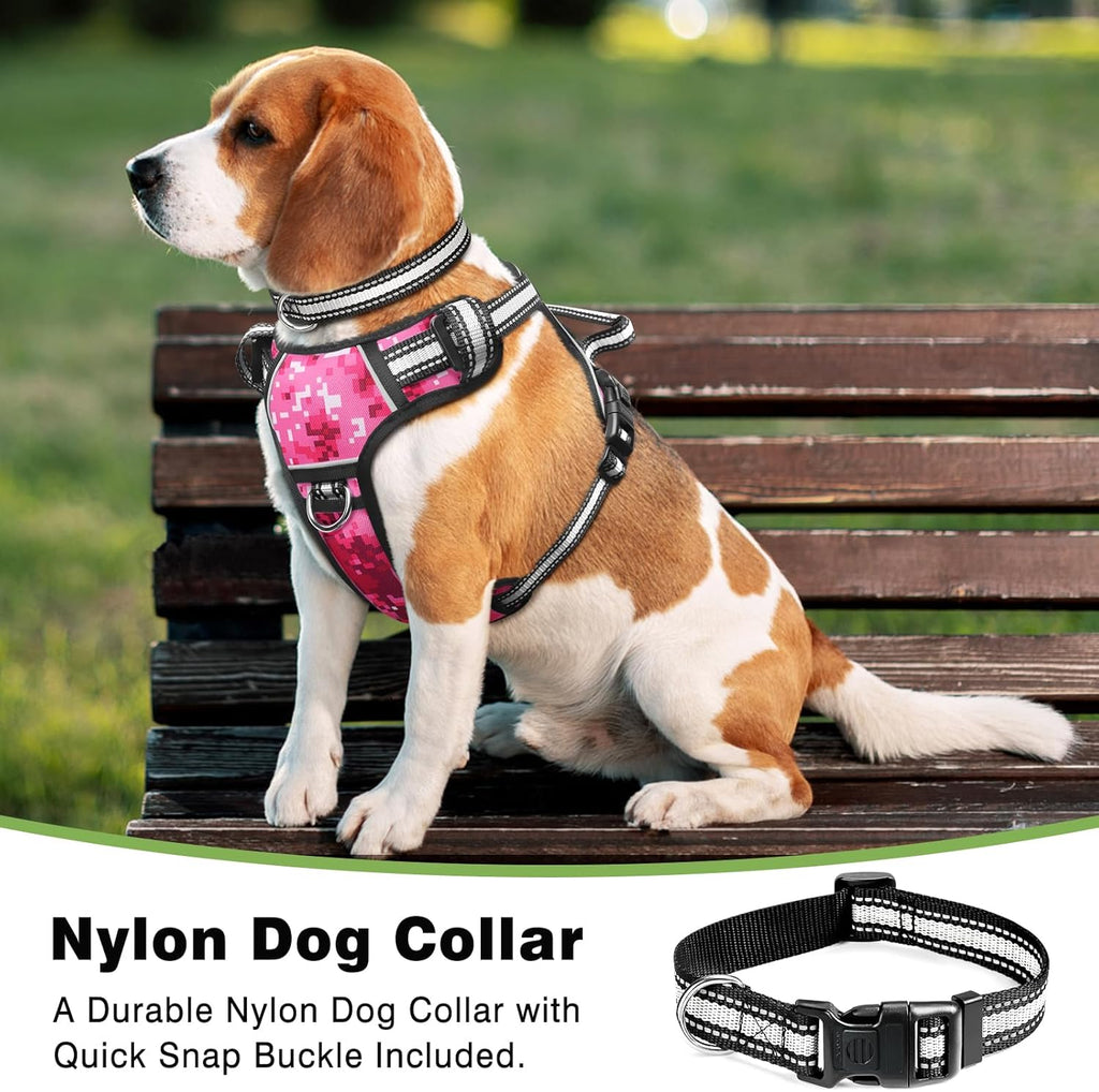 Reflective no-pull dog harness with adjustable straps and front and back leash clips.