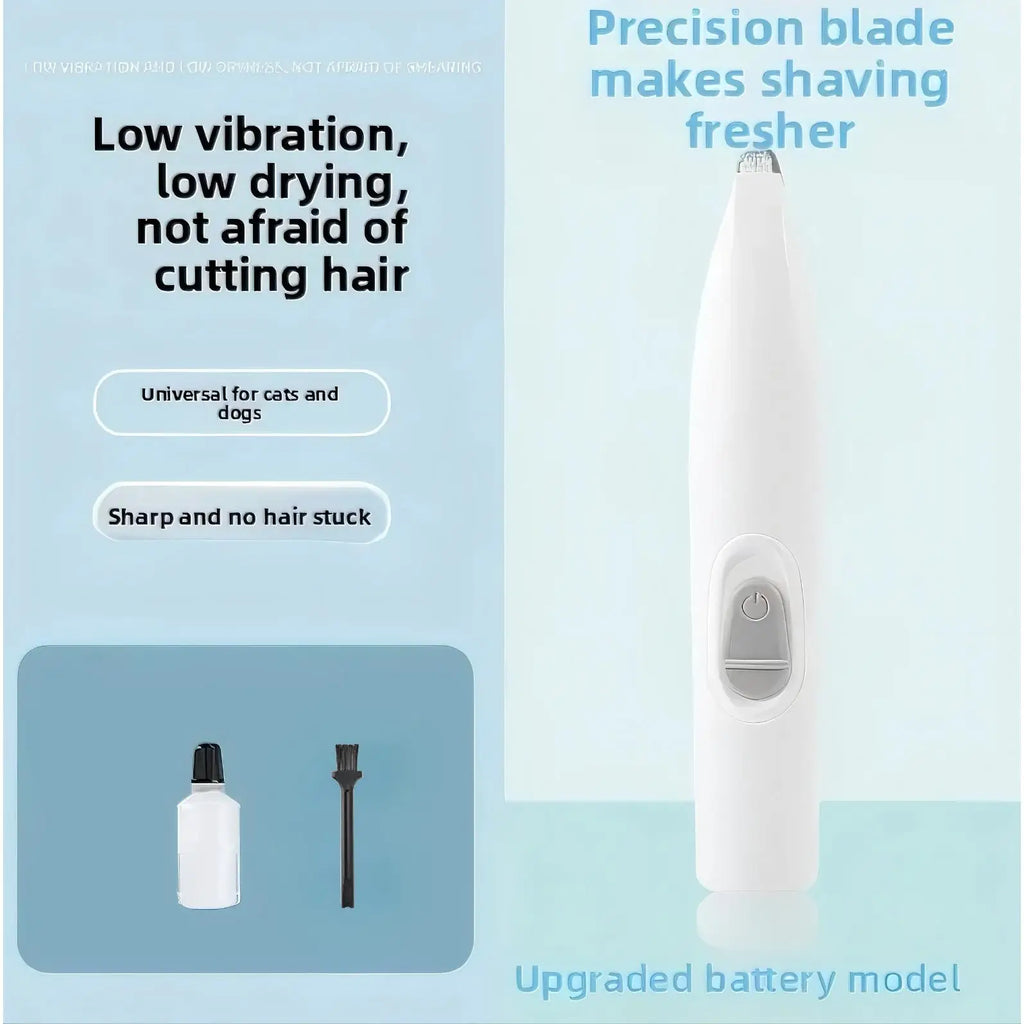 USB-rechargeable pet hair trimmer for grooming paws and small areas.
