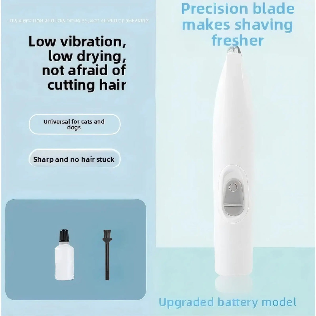 USB-rechargeable pet hair trimmer for grooming paws and small areas.