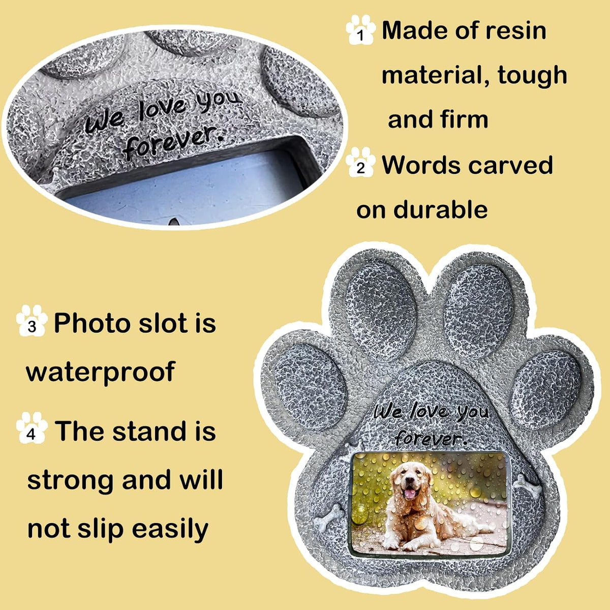 Paw-shaped pet memorial stone with engraved remembrance message.