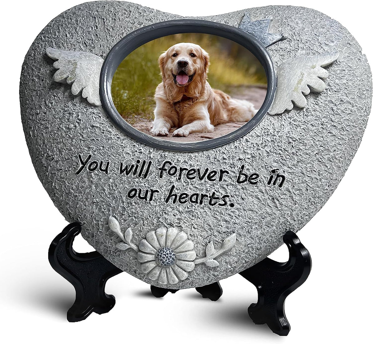 Paw-shaped pet memorial stone with engraved remembrance message.