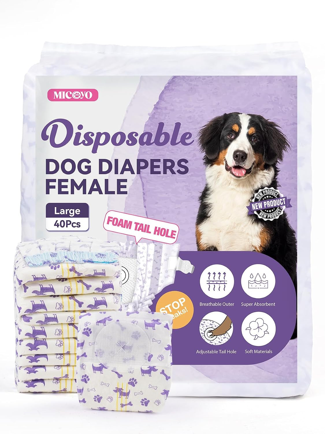 Disposable female dog diaper with absorbent padding and tail opening.