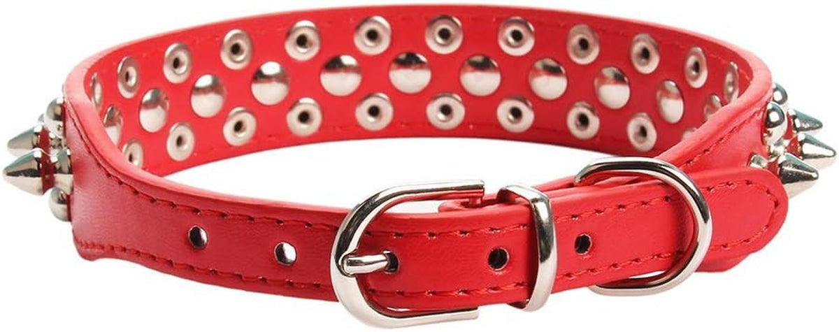 Red spiked dog collar underside showing adjustment holes and buckle