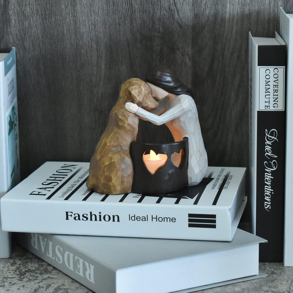Dog memorial candle holder statue with LED candle.