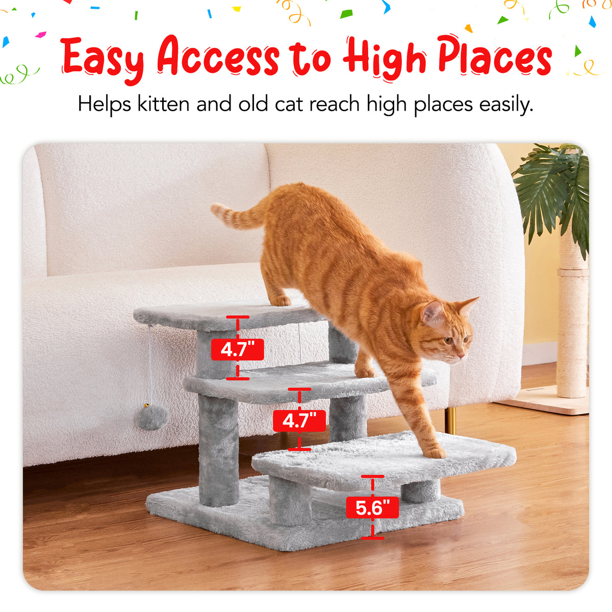3-step pet stairs for beds and sofas with two toy balls.