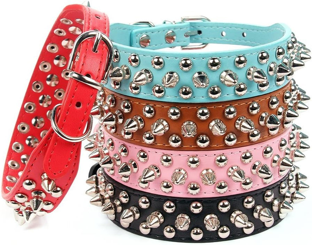 Spiked rivet dog collar in red, blue, brown, pink, and black faux leather