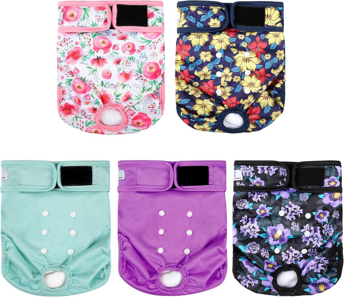 Washable female dog diaper with adjustable fit.