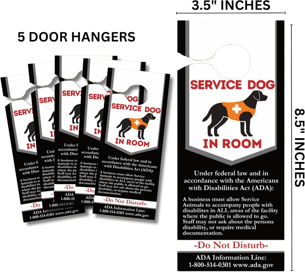 Service dog information packet with service-animal information cards, fill-in emergency medical cards, and door hangers.