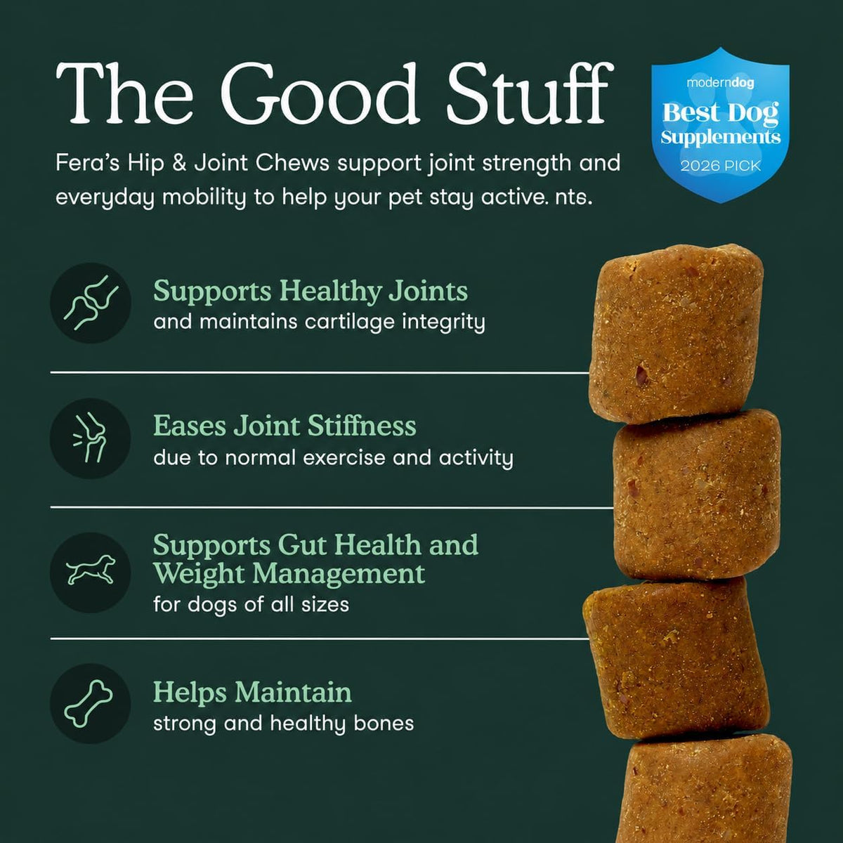 Fera Pets Hip & Joint Supplement for Dogs, chicken bone broth soft chews with glucosamine.